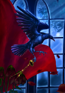 Art of a raven flying off with a jet necklace against a red curtain and stained glass window.