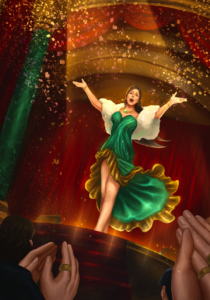 Art of a performer in the spotlight on center stage wearing a bold green malachite dress.