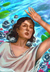A woman with her head thrown back dramatically in a river surrounded by onyx crystals.