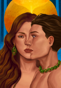 An overlapping man and woman, both adorned with unakite.