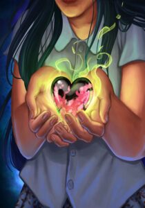 A girl cradling a glowing rhodonite heart in her hands
